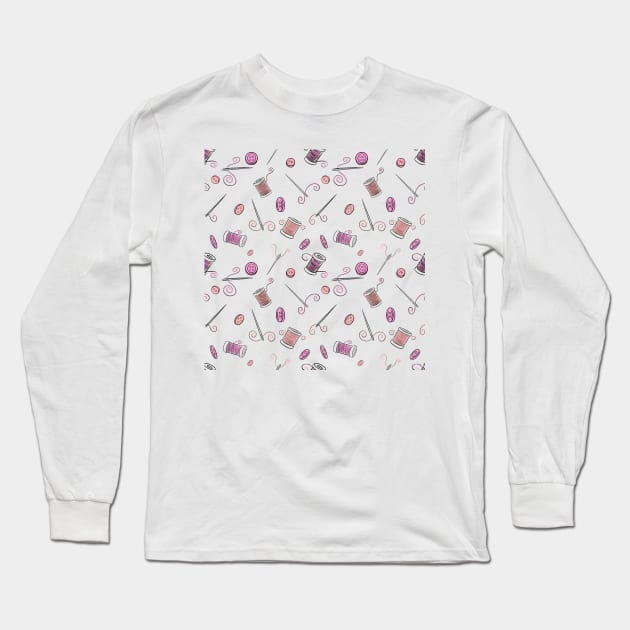 Sewing Pink Cotton Reels Needles Threads and Buttons Long Sleeve T-Shirt by Squeeb Creative